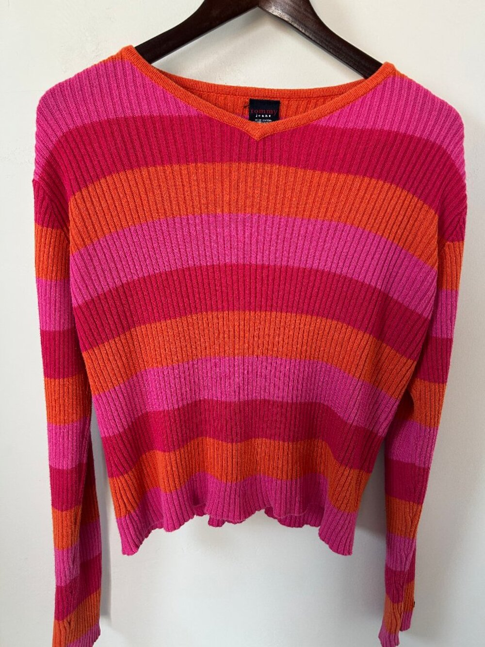 Vintage Tommy Jeans Ribbed Striped Sweater Pink Orange Y2K 100% Cotton Women's L